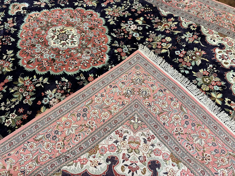 Stunning Silk Persian Qum Rug 7x9, Finely Hand Knotted Navy Blue & Salmon Floral Medallion Authentic Oriental Carpet, Vintage Handmade Silk Ghom Rug, Silk on Silk by Jewel Rugs