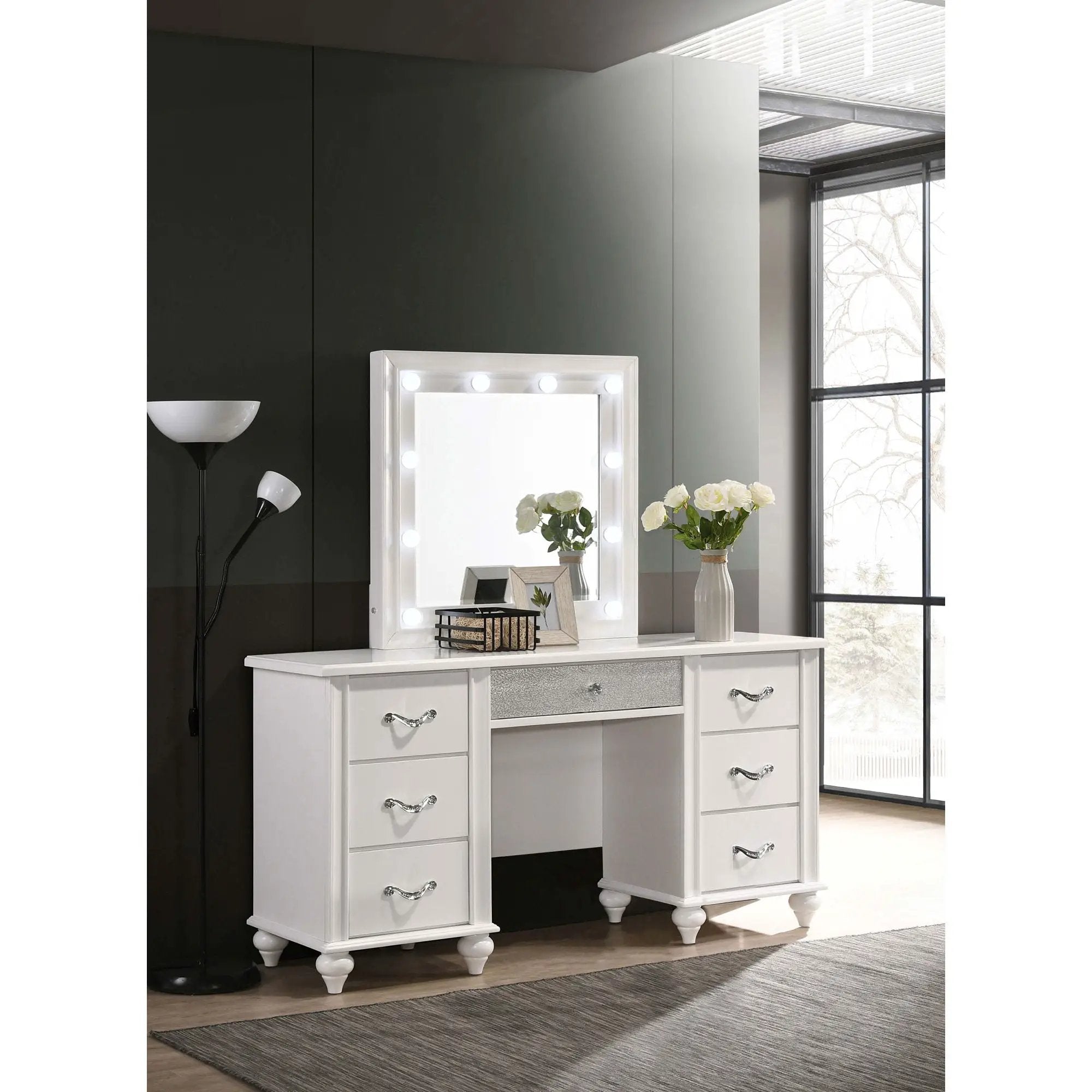 Charlotte - 7 Drawer Vanity Desk With LED Mirror - White by HouseOfZazla