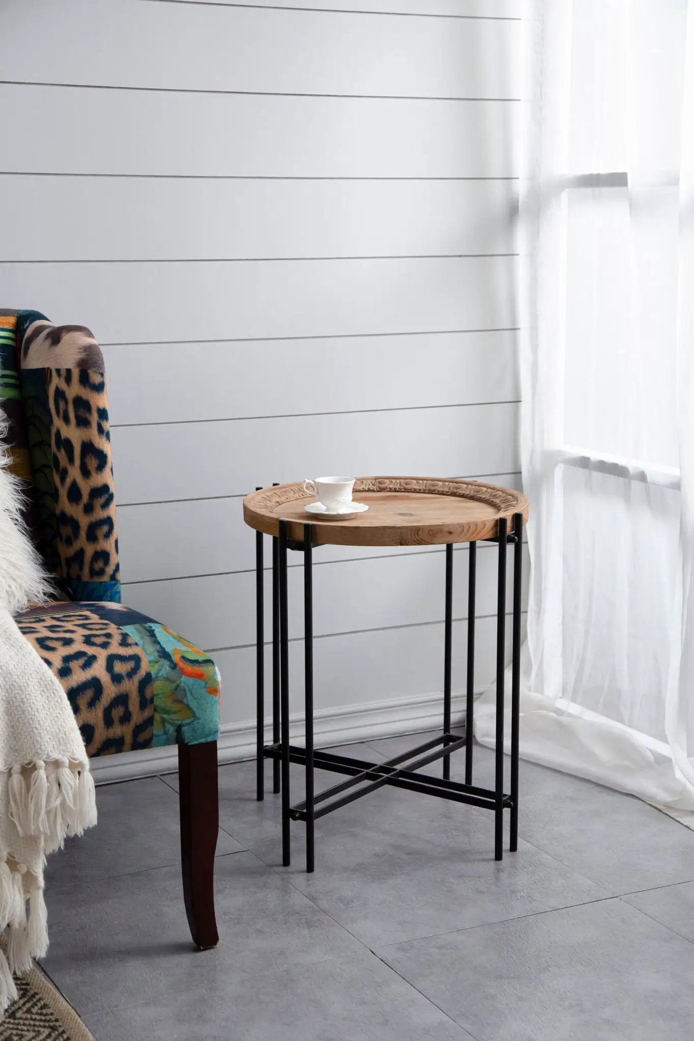 Round Side Table With Wood Top, End Table For Living Room Bedroom - Black Brown by HouseOfZazla