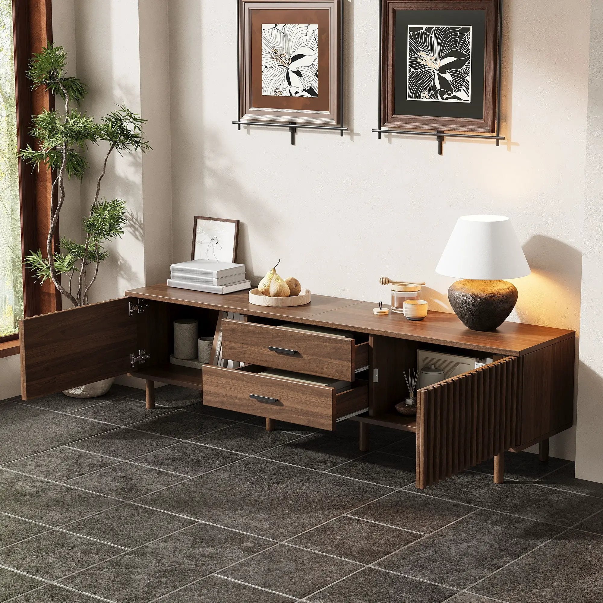 TV Stand For TVs Up To 80", Media Entertainment Center With Ample Storage - Dark Brown by Unique Piece Furniture