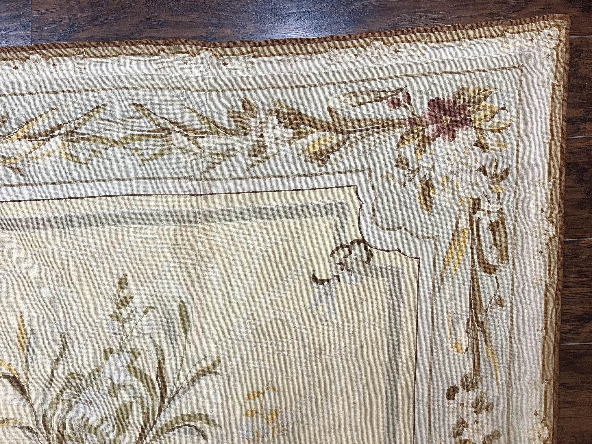 Needlepoint Rug 6x9, Elegant European Design Aubusson Carpet, Vintage Wool Handmade Rug, Light Yellow Ivory by Jewel Rugs