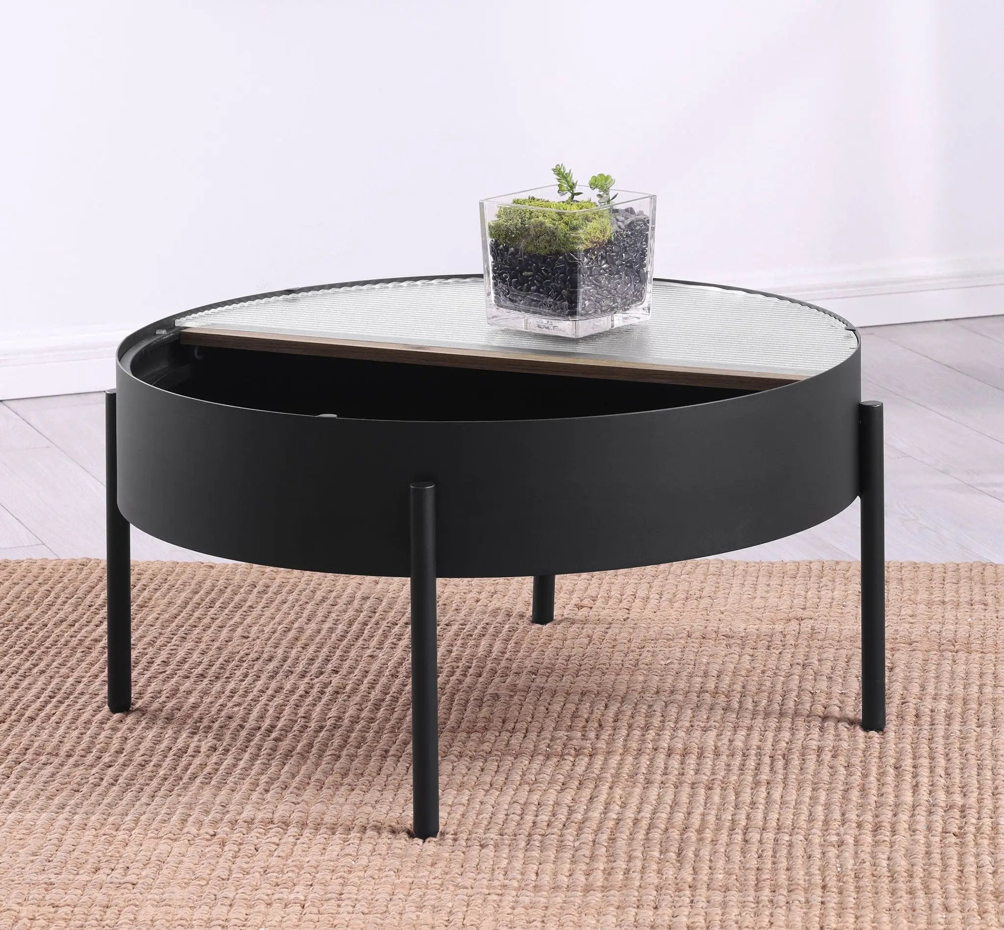 Ozella Round Coffee Table with Hidden Storage Sandy Black by Unique Piece Furniture