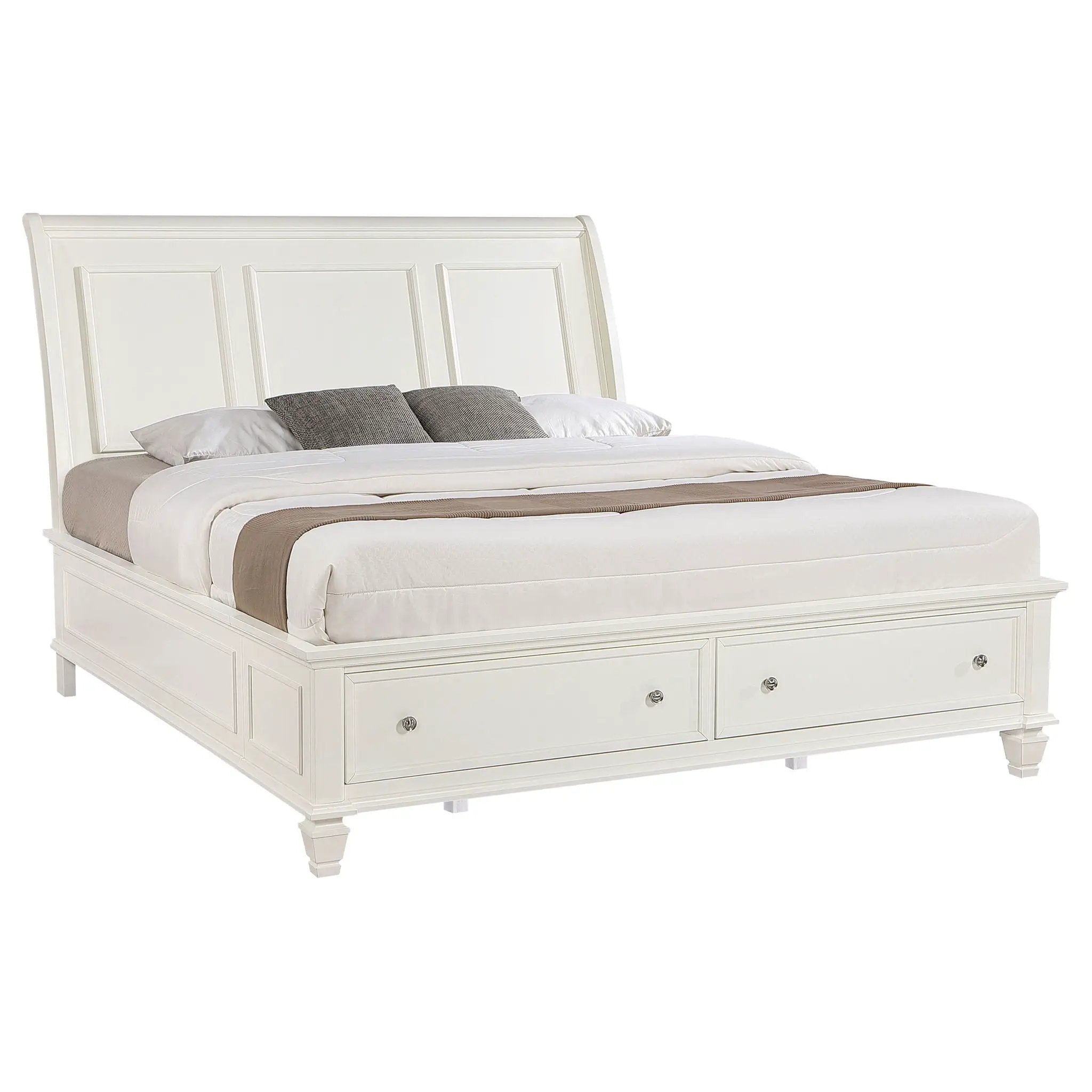 Dennis - Eastern King Storage Panel Bed With Carved Headboard And Built In Drawers - Cream White by HouseOfZazla