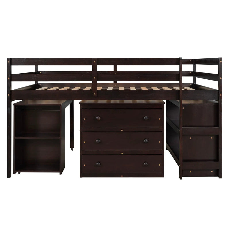 Loft Low Study Bed With Cabinet, Shelves And Rolling Portable Desk, Multiple Functions by HouseOfZazla