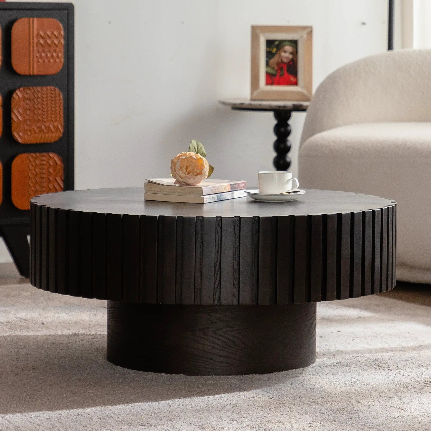 Round Coffee Table Handcrafted Relief Sturdy Pedestal by HouseOfZazla