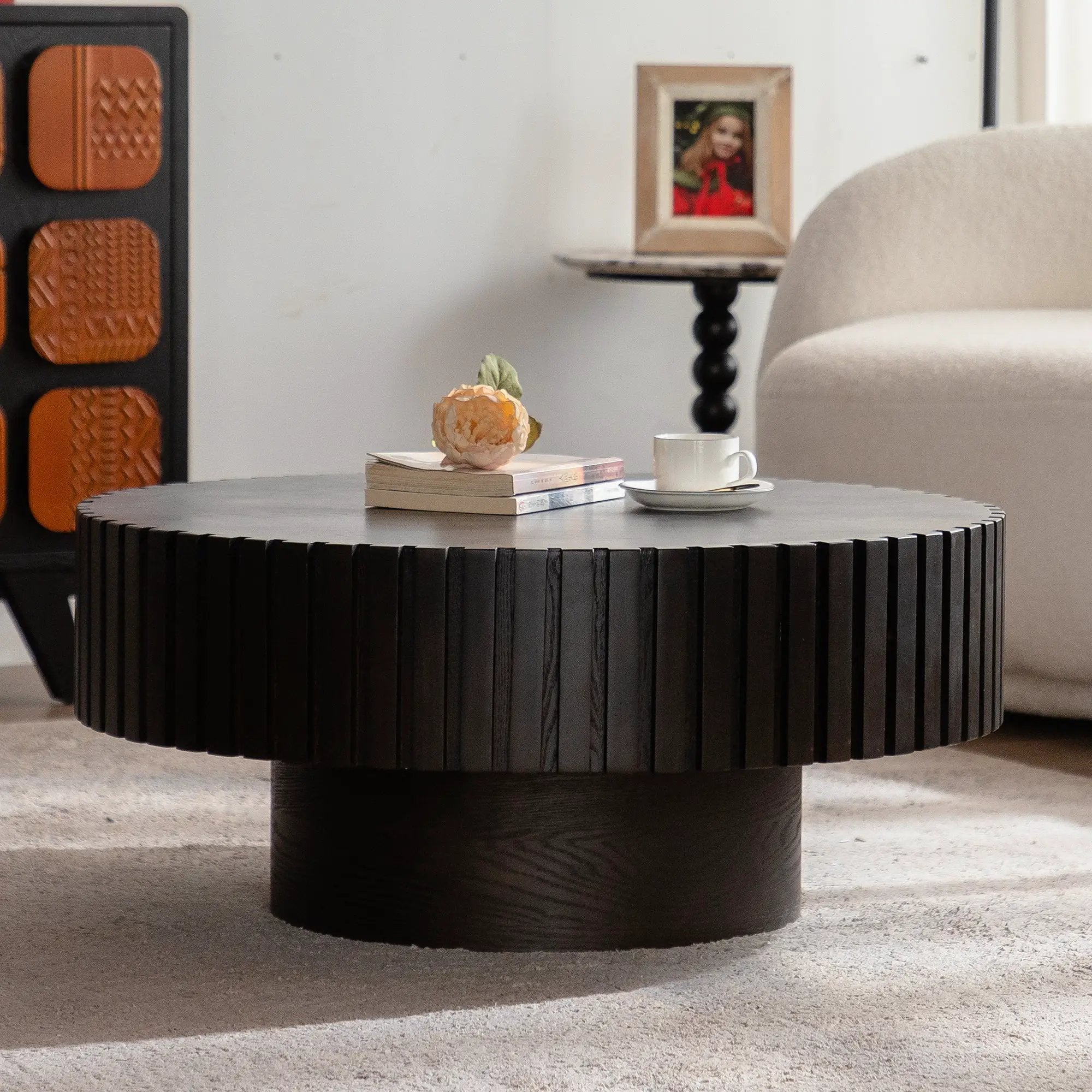 Round Coffee Table Handcrafted Relief Sturdy Pedestal by HouseOfZazla