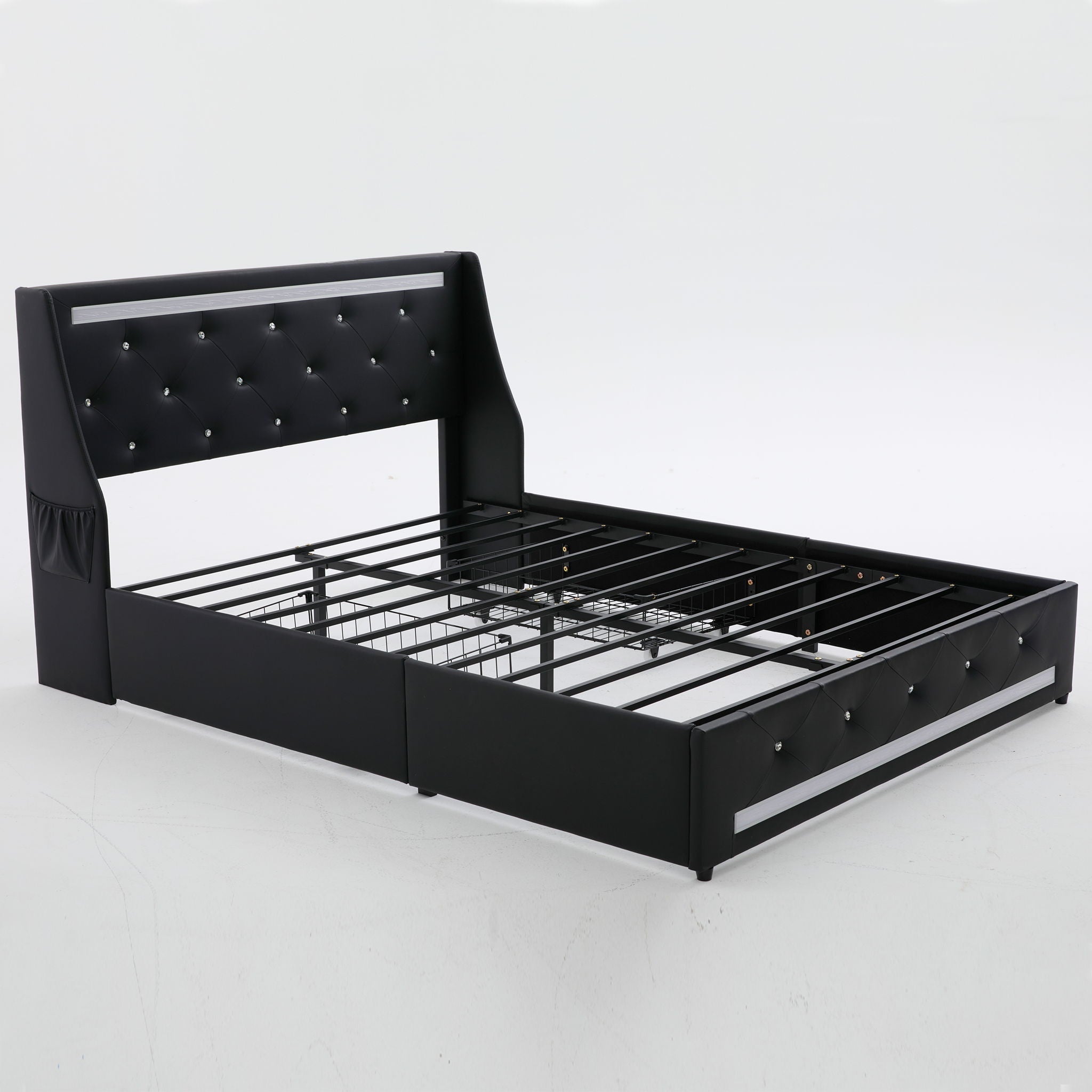 Wingback Upholstered Bed Frame With LED Lights, Charging Station by HouseOfZazla