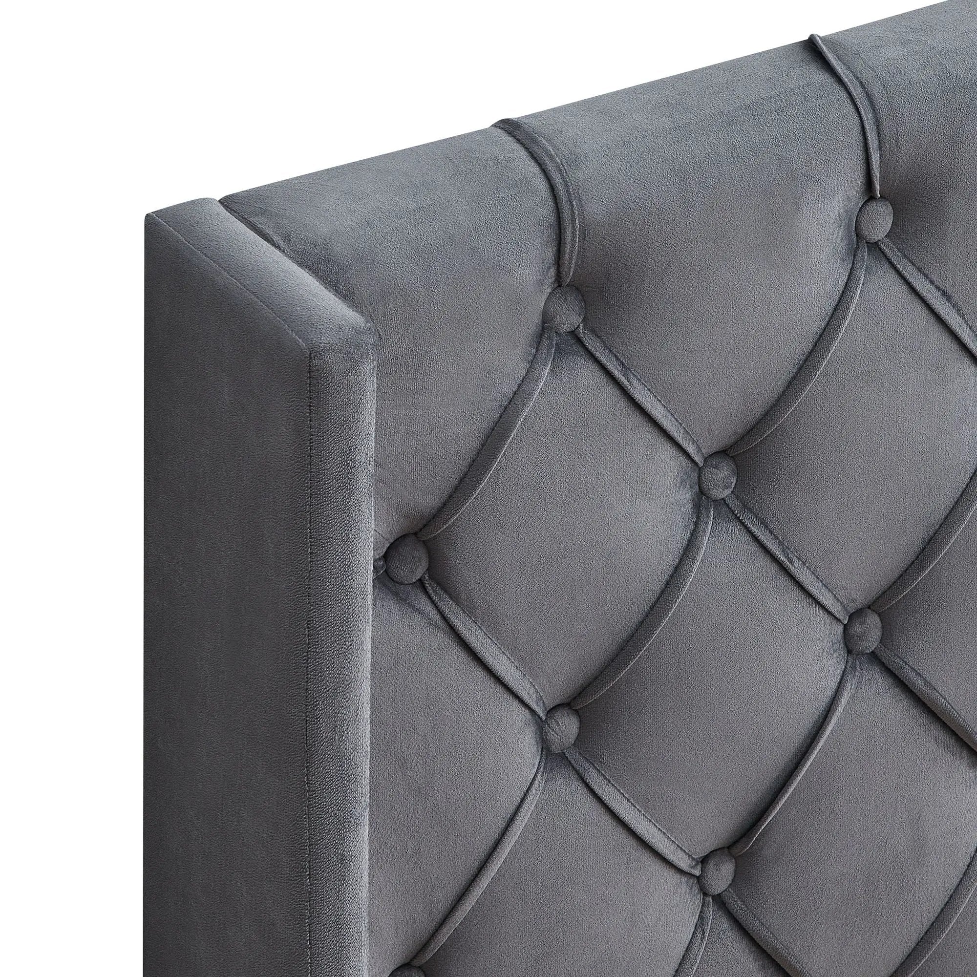Velvet Button Tufted-Upholstered Bed With Wings Design Strong Wood Slat Support Queen Platform Bed - Gray by HouseOfZazla