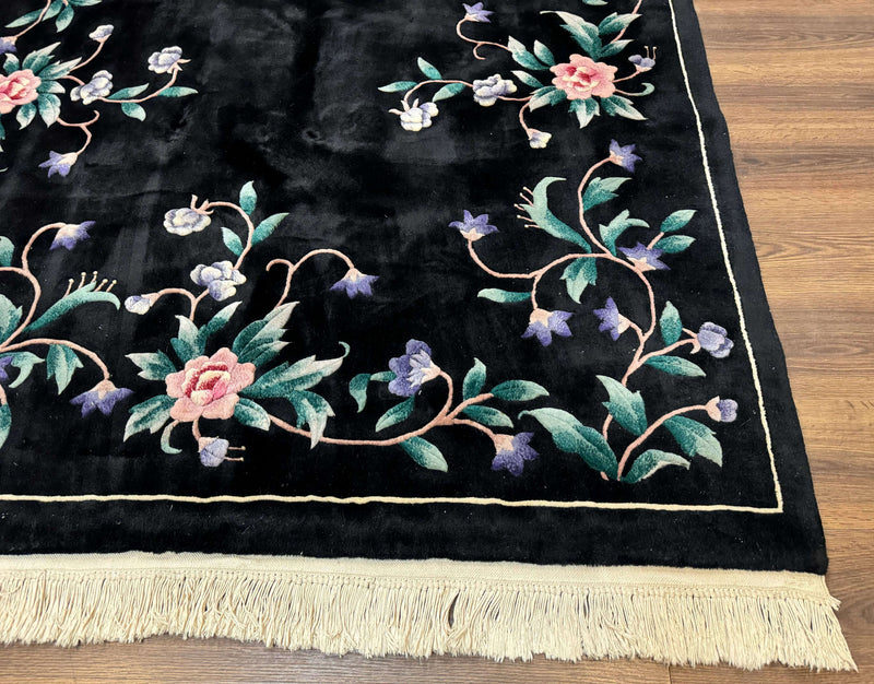 Chinese Wool Rug 6x9, Black, Floral, Minimal Design, 90 Line Carpet, Vintage Art Deco Rug by Jewel Rugs