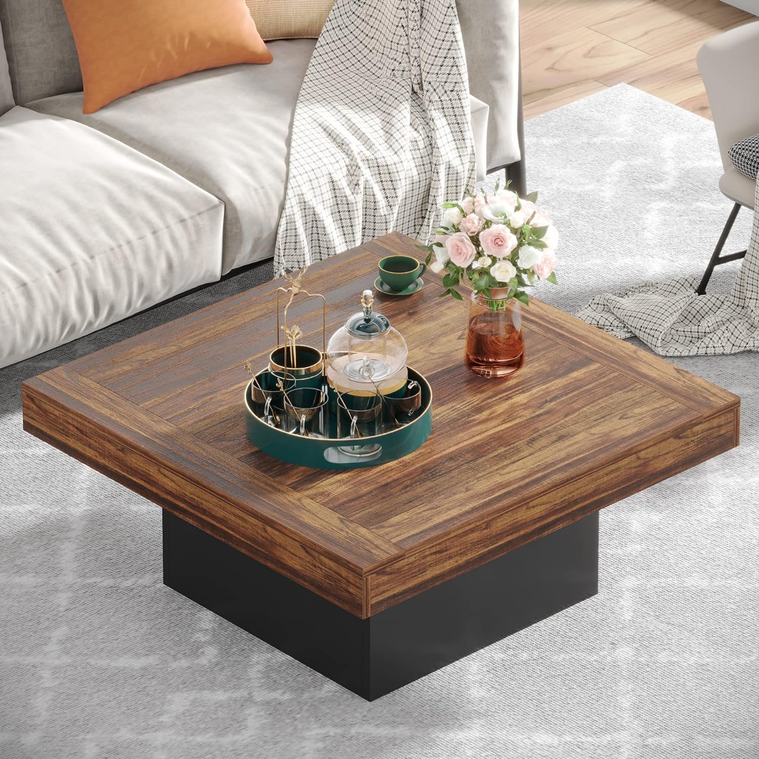 LED Coffee Table With Base, Center Table For Living Room - Rustic Brown by HouseOfZazla