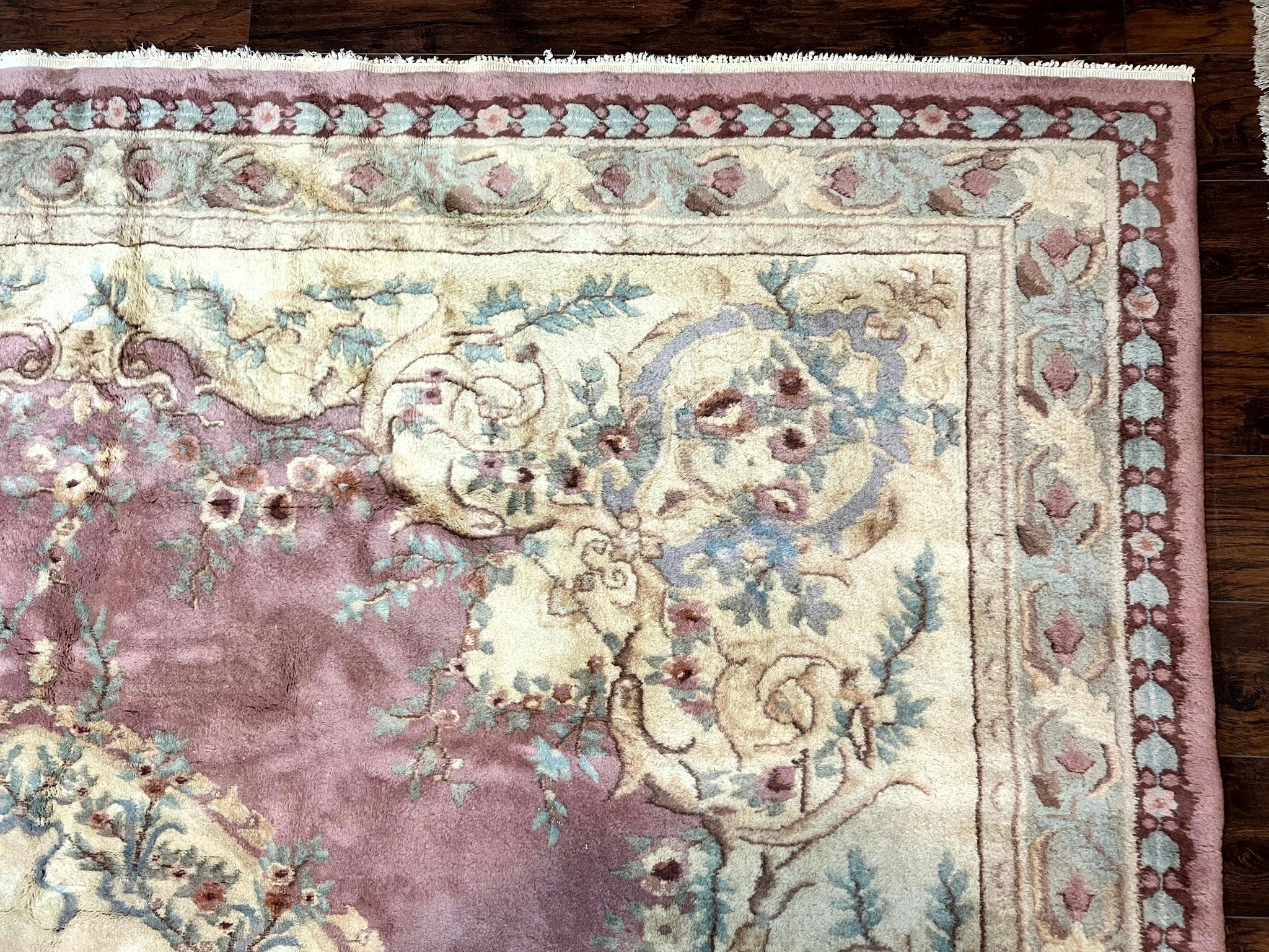 Indo Chinese Aubusson Wool Rug 10x14, Pink and Cream, Handmade Vintage Wool Carpet, Elegant European Design by Jewel Rugs