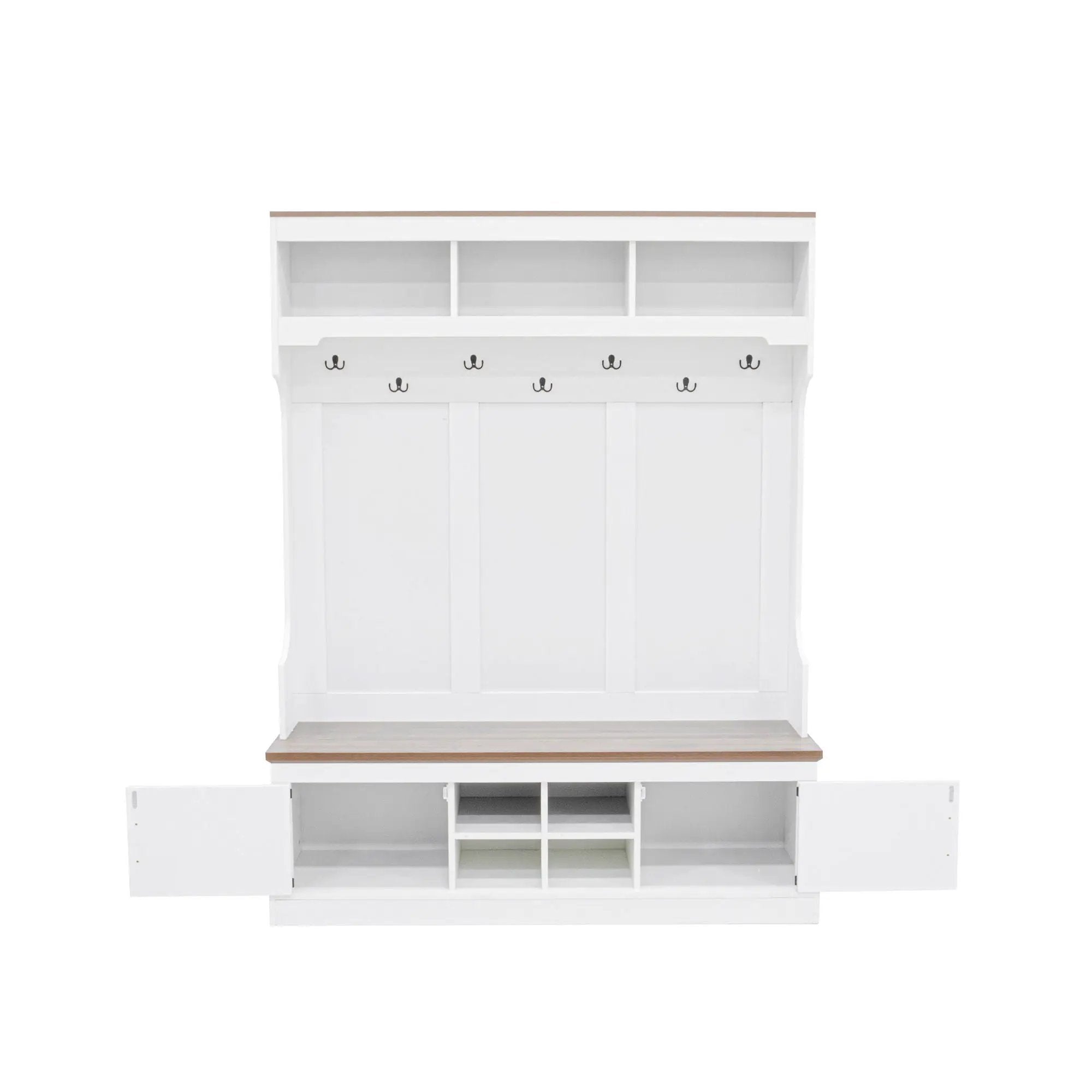 Hall Tree With Bench And Shoe Storage, 5 In 1 Entryway Organizer Cabinet With Coat Rack, 4 Shoe Cubbies & 7 Hooks - White by Unique Piece Furniture