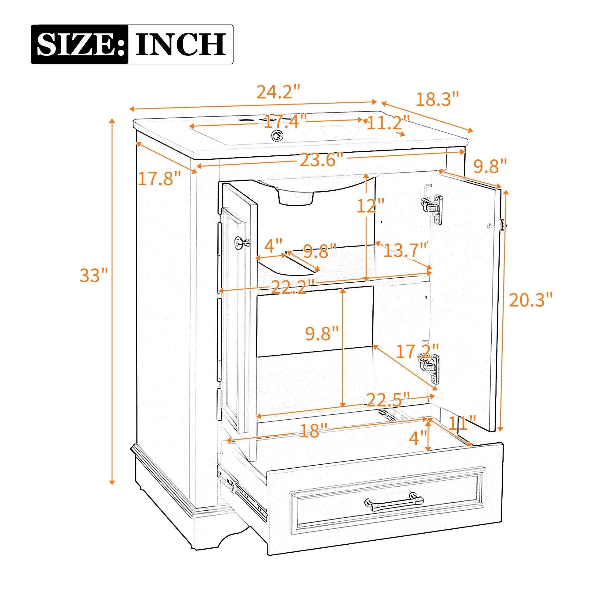 Bathroom Vanity With Ceramic Sink Combo, Modern Freestanding Storage Cabinet With Silver Handles by Unique Piece Furniture