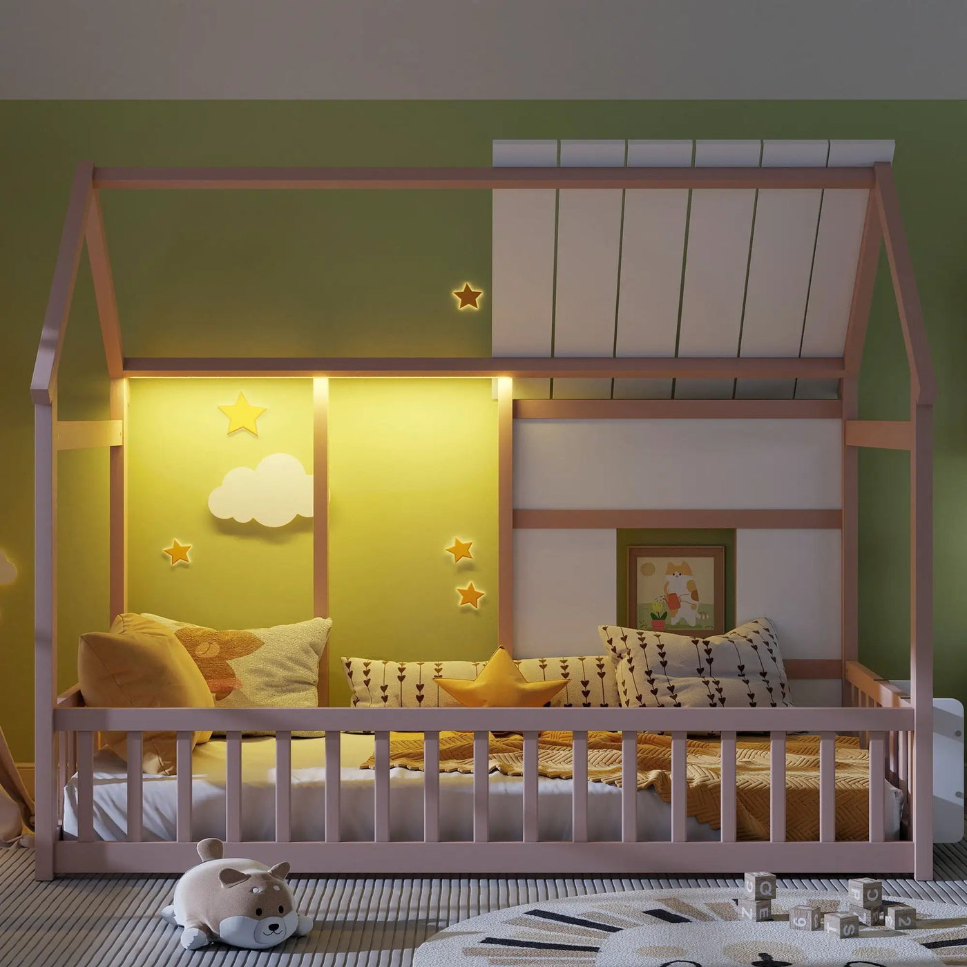 House Floor Bed With 7 Color LED Light, Built In Bookshelf by Unique Piece Furniture