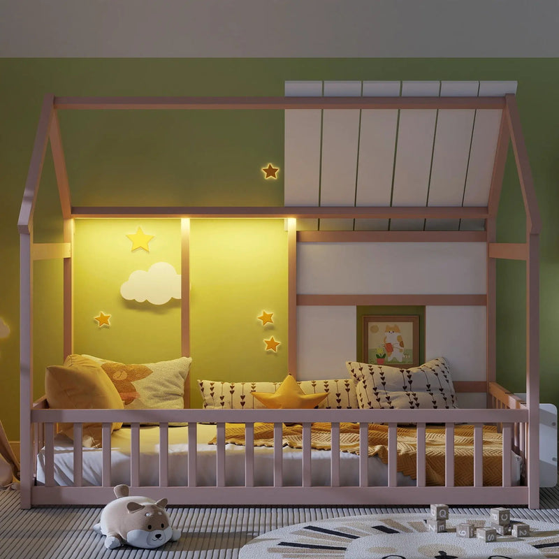 House Floor Bed With 7 Color LED Light, Built In Bookshelf by Unique Piece Furniture