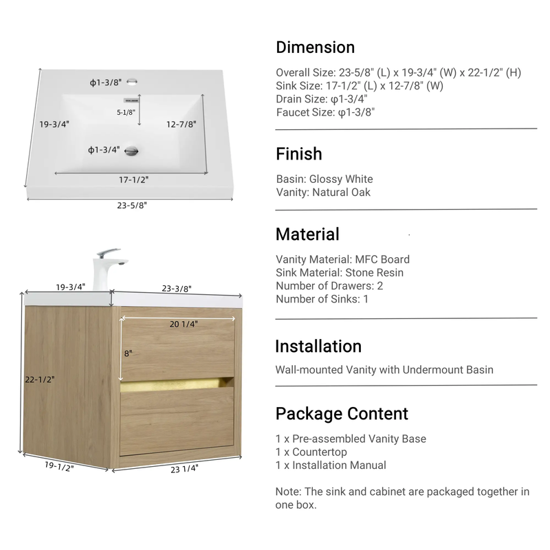 24" Wall-Mounted Bathroom Vanity with Sink by HouseOfZazla
