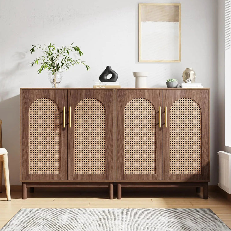 Sideboard Buffet Cabinet With Handwoven Rattan Doors (Set of 2) - Dark Brown by HouseOfZazla