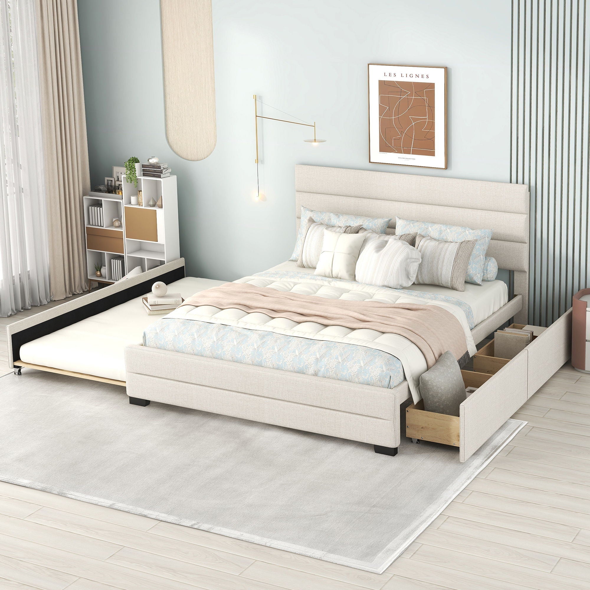 Queen Platform Bed With Twin Trundle And 2 Storage Drawers - Beige by Unique Piece Furniture