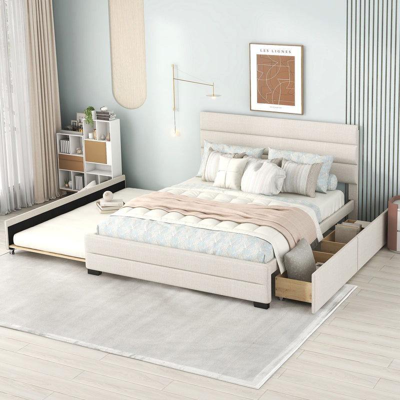 Queen Platform Bed With Twin Trundle And 2 Storage Drawers - Beige by Unique Piece Furniture