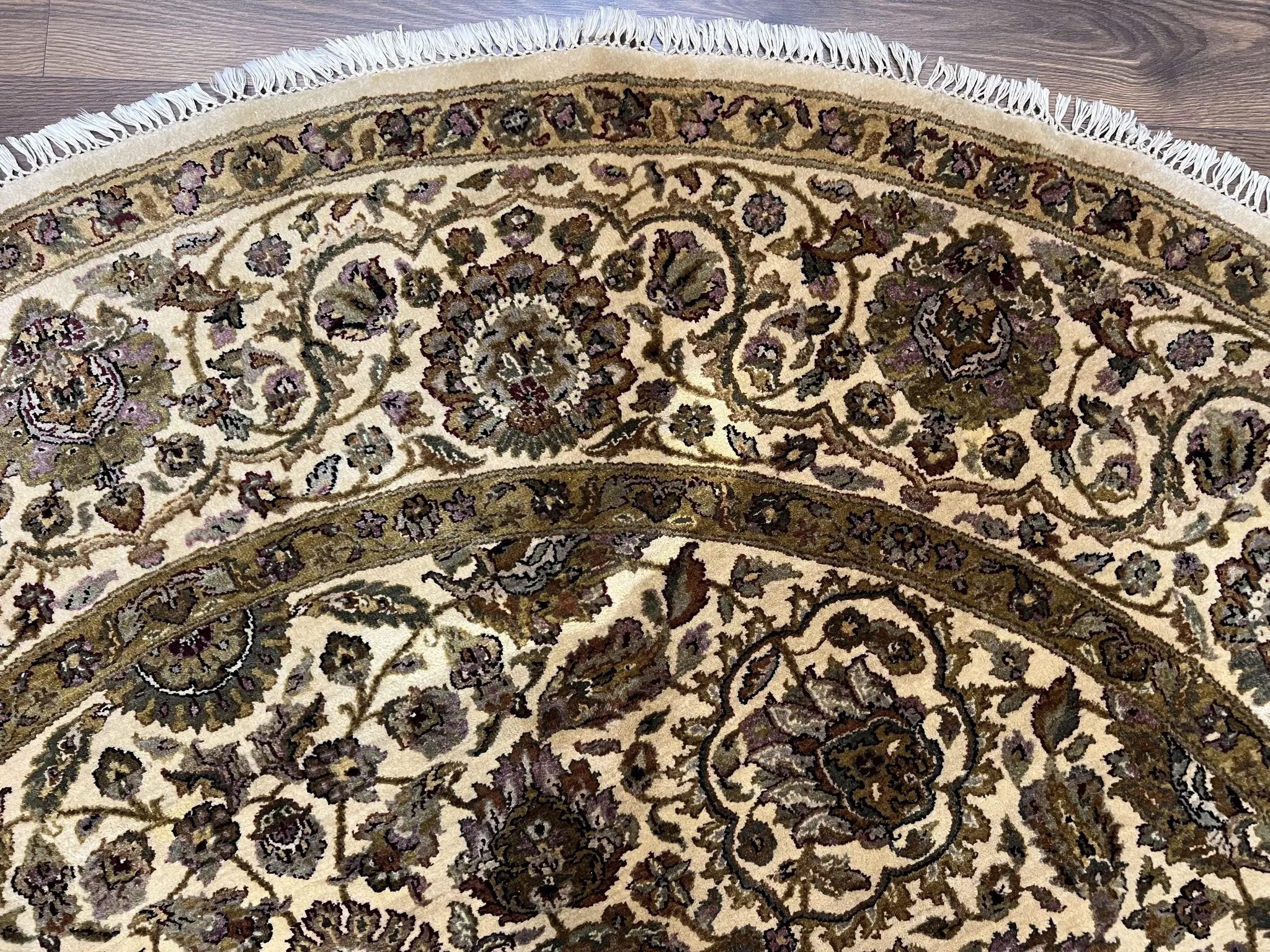 Round Indo Persian Rug 8x8 ft, Large Hand Knotted Vintage Wool Circular Carpet, 8ft Round Oriental Rug, Floral Medallion, Cream and Green by Jewel Rugs
