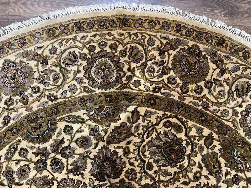 Round Indo Persian Rug 8x8 ft, Large Hand Knotted Vintage Wool Circular Carpet, 8ft Round Oriental Rug, Floral Medallion, Cream and Green by Jewel Rugs