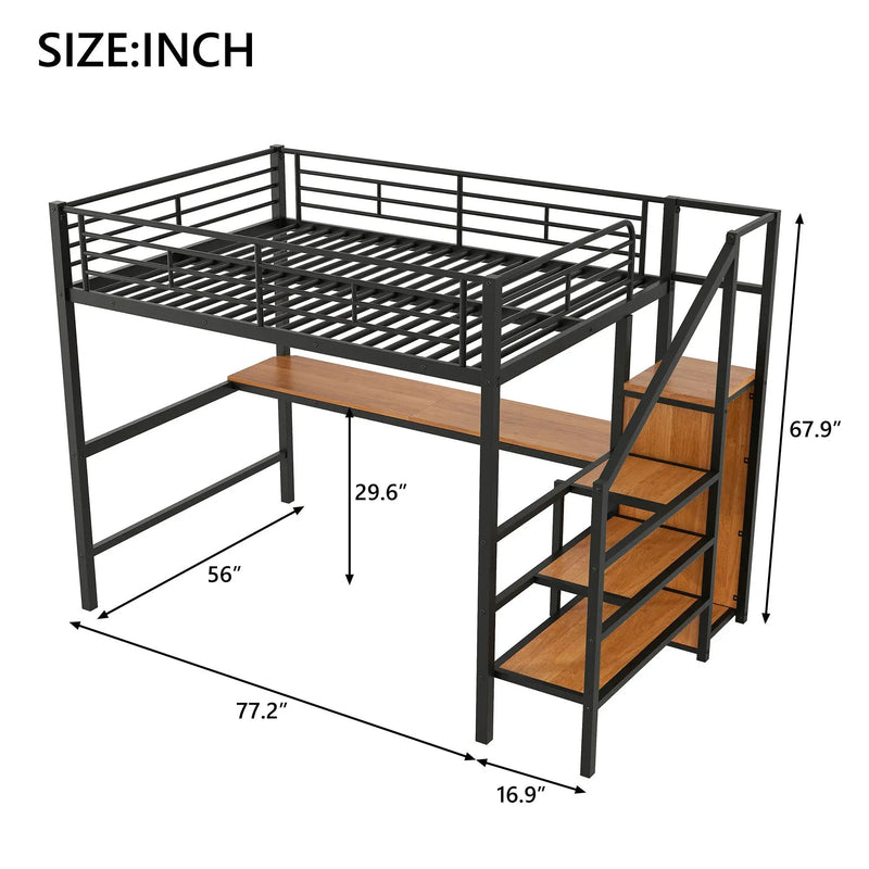 Loft Bed With Desk, Storage Staircase, Small Wardrobe And LED Light by Unique Piece Furniture