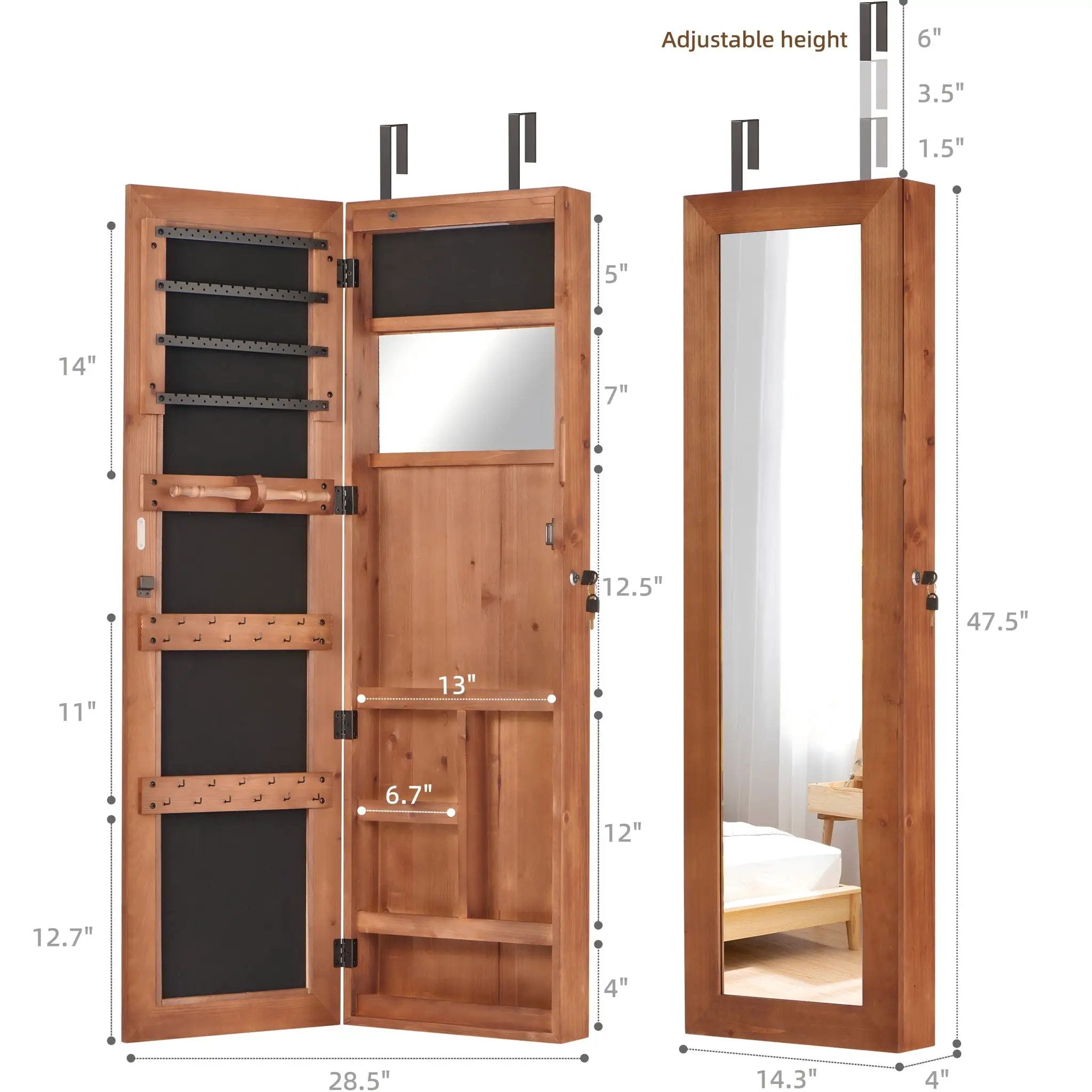 Jewelry Armoire Organizer With Full Length Mirror, Wall Mounted Lockable Cabinet With LED Light by Unique Piece Furniture