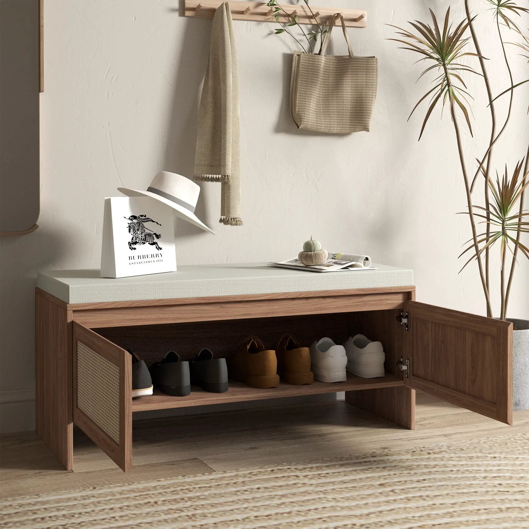 Storage Bench With Cushion, Shoe Cabinet With 2 Doors - Antique Natural / Rattan by Unique Piece Furniture