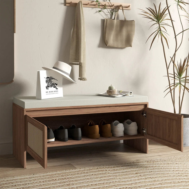 Storage Bench With Cushion, Shoe Cabinet With 2 Doors - Antique Natural / Rattan by Unique Piece Furniture