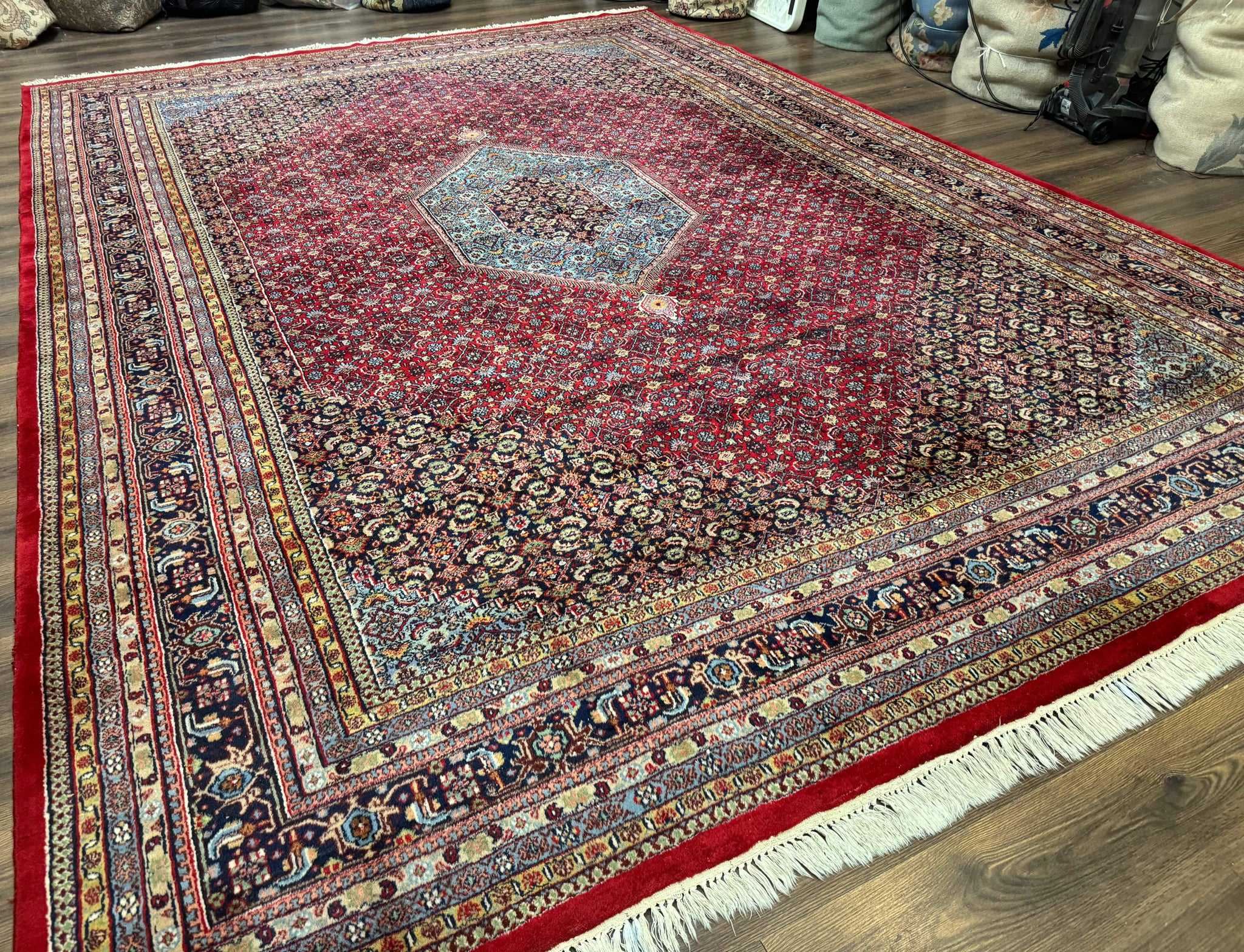 Indo Persian Bidjar Rug 10x14, Red and Dark Blue, Herati Mahi Pattern, Vintage by Jewel Rugs