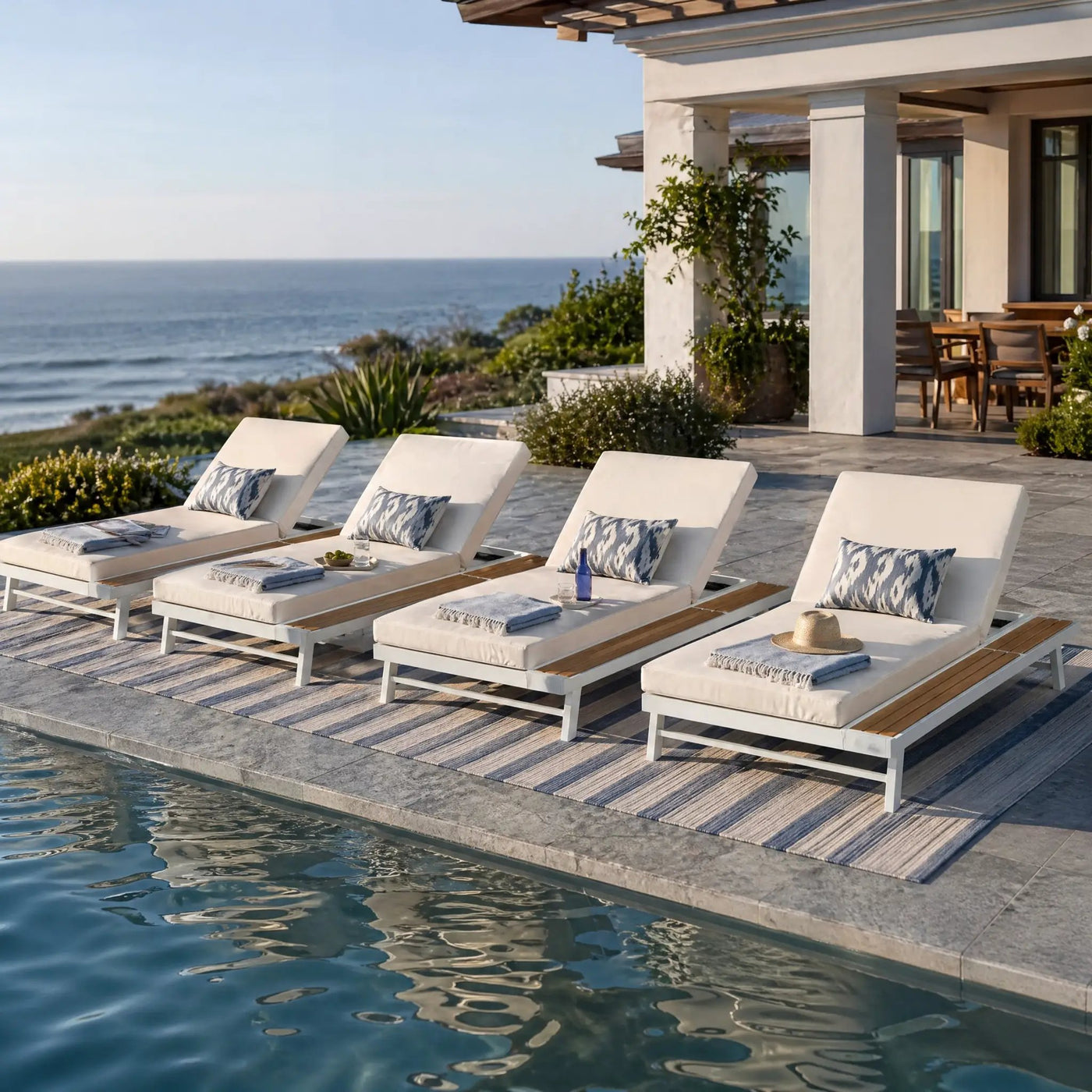 White Iron and Teak Finish Chaise Lounge Set with Cream Cushion by HouseOfZazla