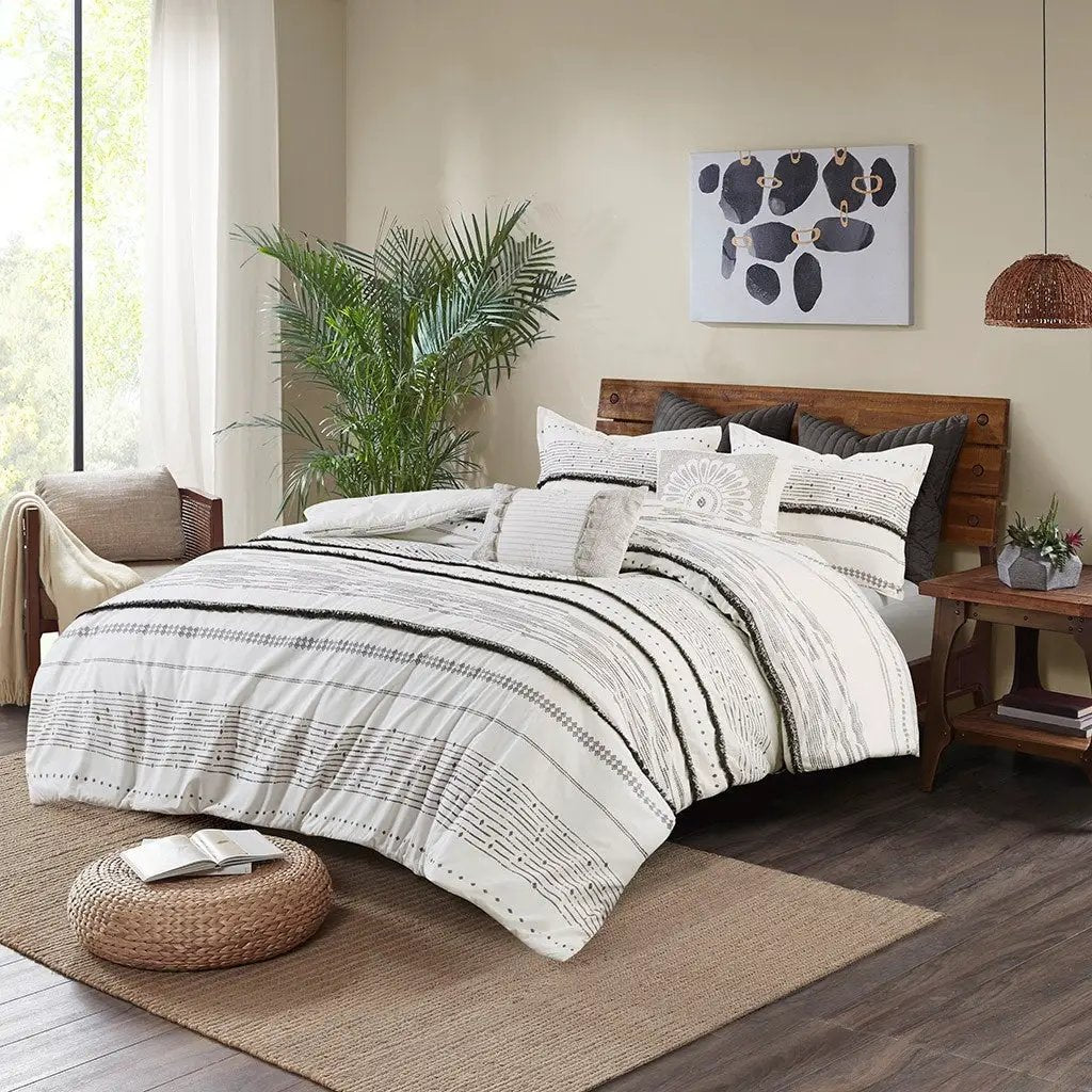 Cotton Printed Comforter Set with Trims Black/White King/Cal King by HouseOfZazla