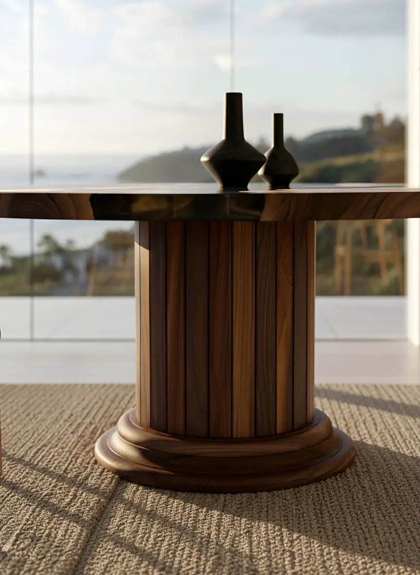 Round Dining Table with Solid Wood Drum Pedestal Base, photo 3 of 5
