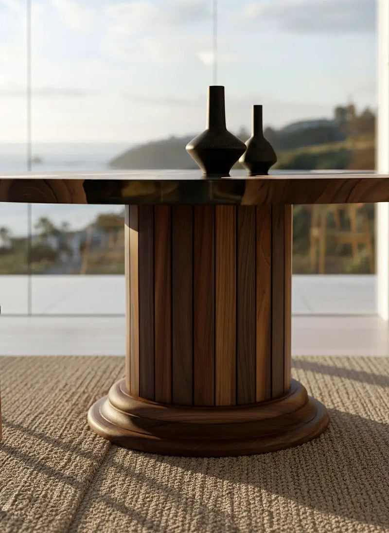 Round Dining Table with Solid Wood Drum Pedestal Base by Gizz