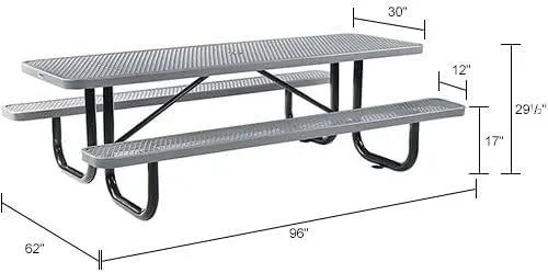 Global Industrial 8’L Rectangular Picnic Table, Expanded Metal, Gray Thermoplastic Coating, Attached Benches, 1-1/2” Umbrella Pole Hole, Outdoor-Rated, 1000 lb Capacity, 96” x 30” Tabletop by GreenHaven Gardens