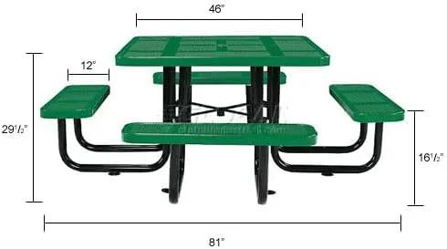 Global Industrial 46" Square Picnic Table, Perforated Metal, Green Thermoplastic Coating, Attached Benches, 1-1/2” Umbrella Pole Hole, Outdoor-Rated, 1200 lb Capacity by GreenHaven Gardens