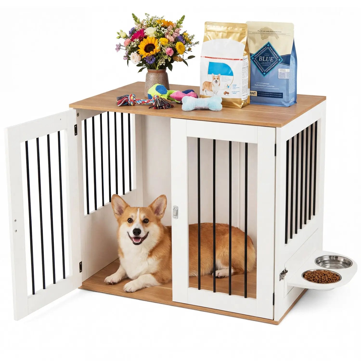 31.5” Dog Crate Furniture Wooden Dog Kennel with Double Lock Doors by DirectDeals