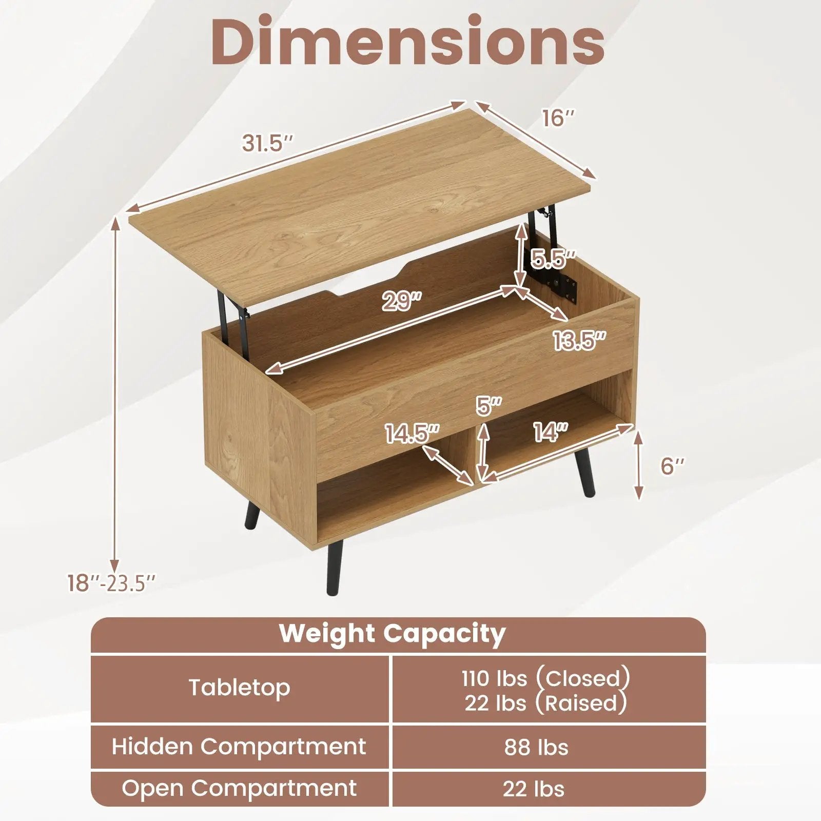 31.5 Inch Lift-Top Coffee Table with Hidden Storage and 2 Open Shelves by DirectDeals