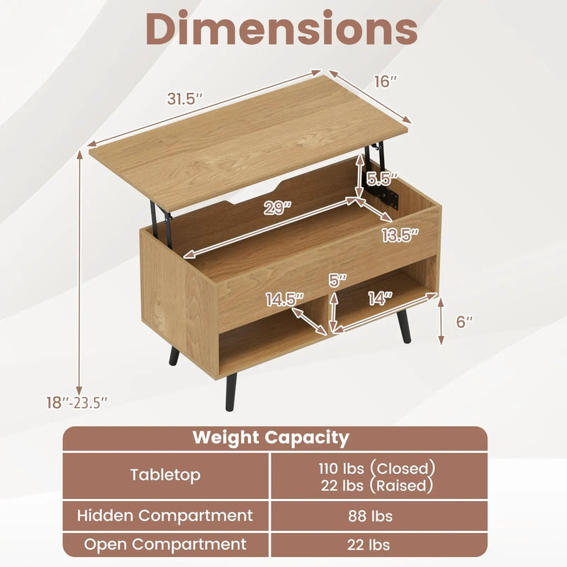 31.5 Inch Lift-Top Coffee Table with Hidden Storage and 2 Open Shelves by DirectDeals