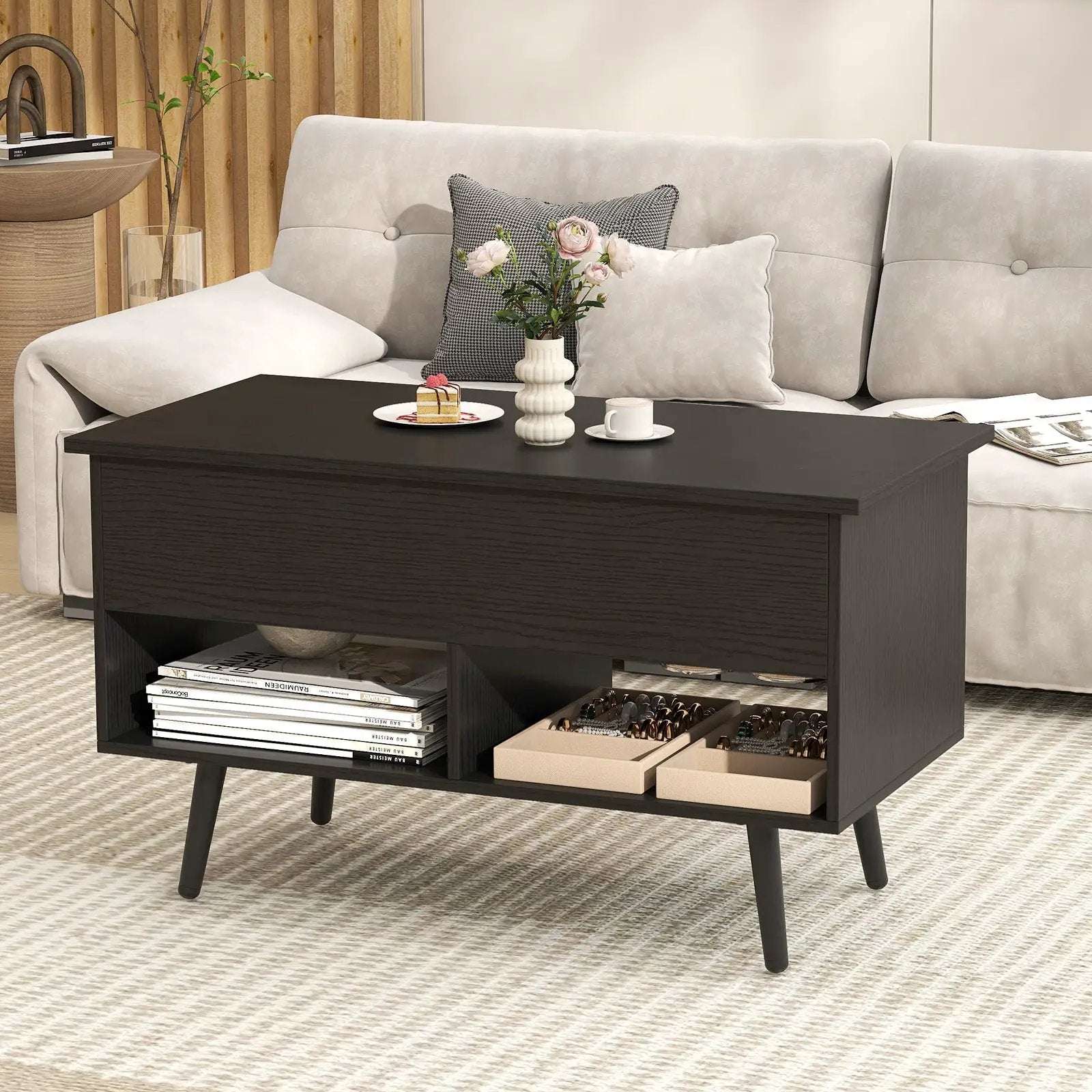 31.5 Inch Lift-Top Coffee Table with Hidden Storage and 2 Open Shelves by DirectDeals