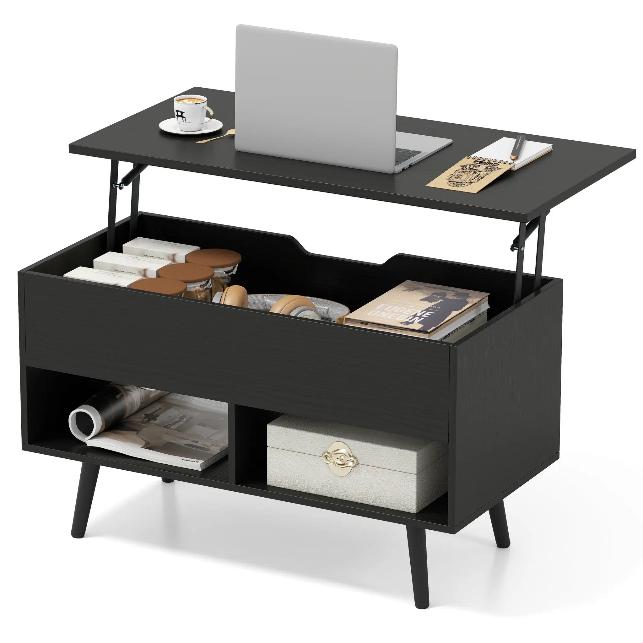 31.5 Inch Lift-Top Coffee Table with Hidden Storage and 2 Open Shelves by DirectDeals