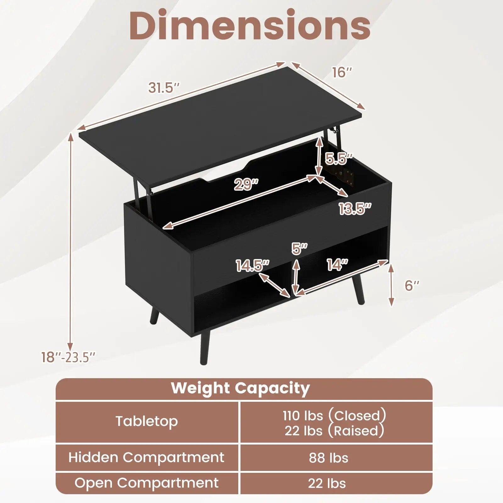 31.5 Inch Lift-Top Coffee Table with Hidden Storage and 2 Open Shelves by DirectDeals