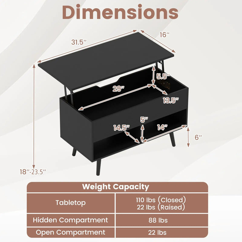 31.5 Inch Lift-Top Coffee Table with Hidden Storage and 2 Open Shelves by DirectDeals