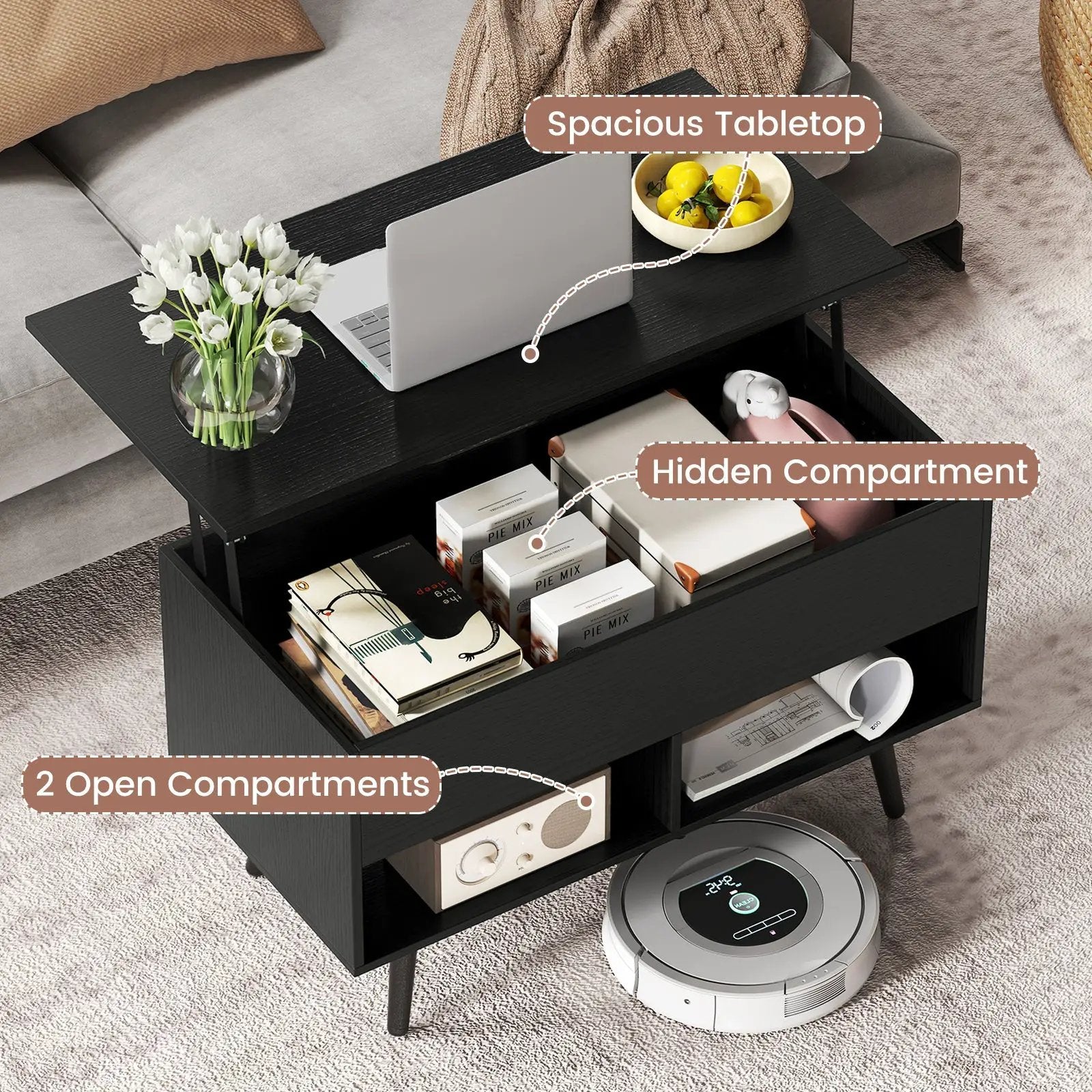 31.5 Inch Lift-Top Coffee Table with Hidden Storage and 2 Open Shelves by DirectDeals