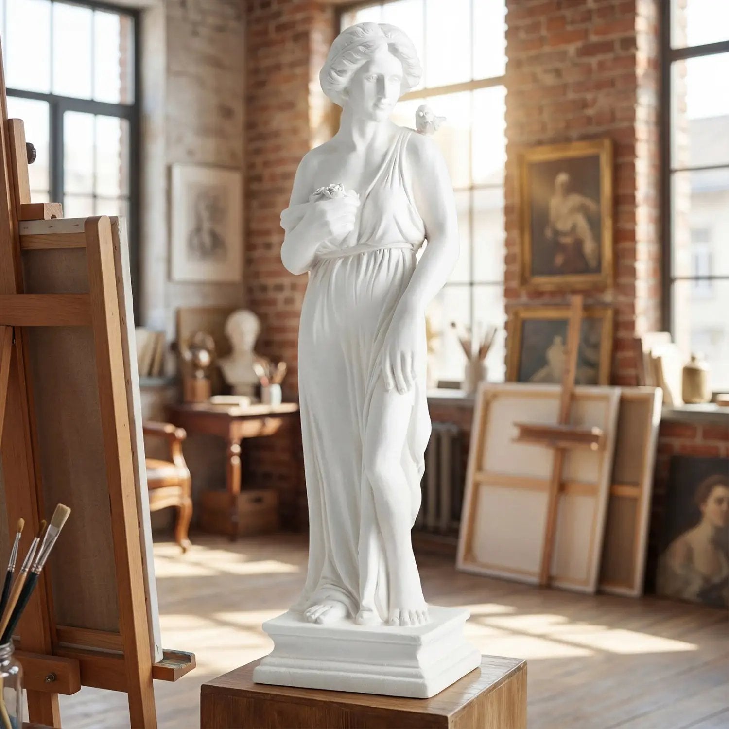 31.5 Inch Outdoor Greek Goddess Statue with Antique Finish and Column Base by DirectDeals