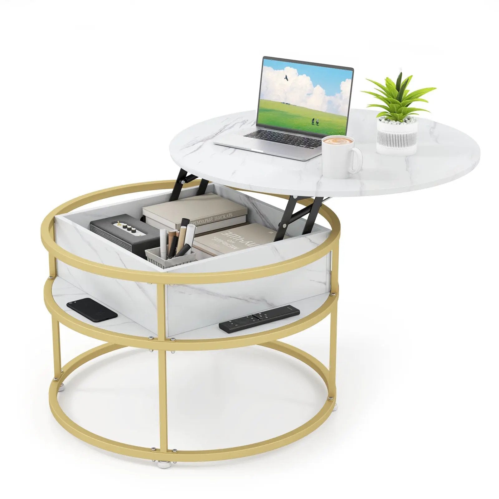 31.5 Inch Round Lift Top Coffee Table with Hidden Compartment and Side Shelves by DirectDeals