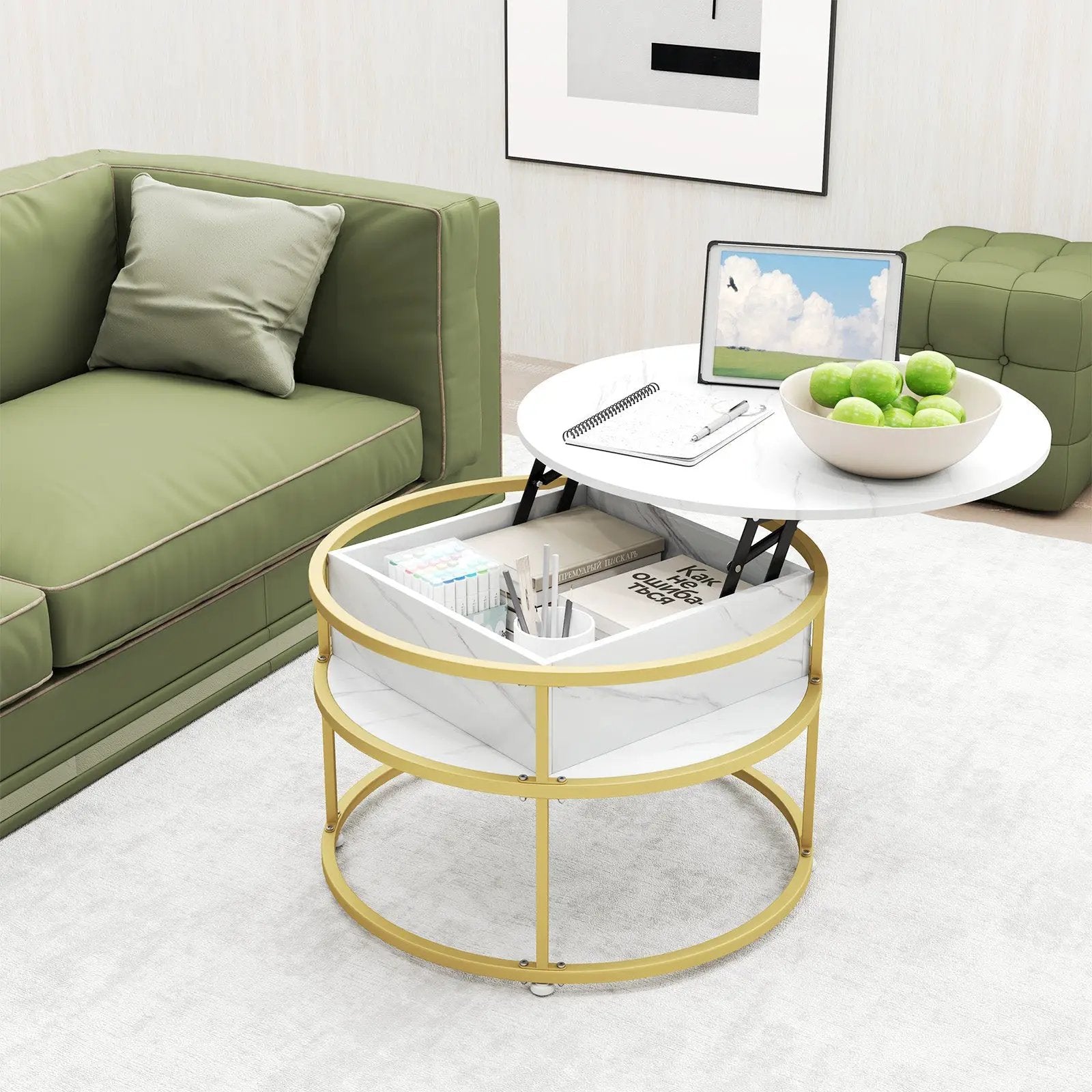 31.5 Inch Round Lift Top Coffee Table with Hidden Compartment and Side Shelves by DirectDeals