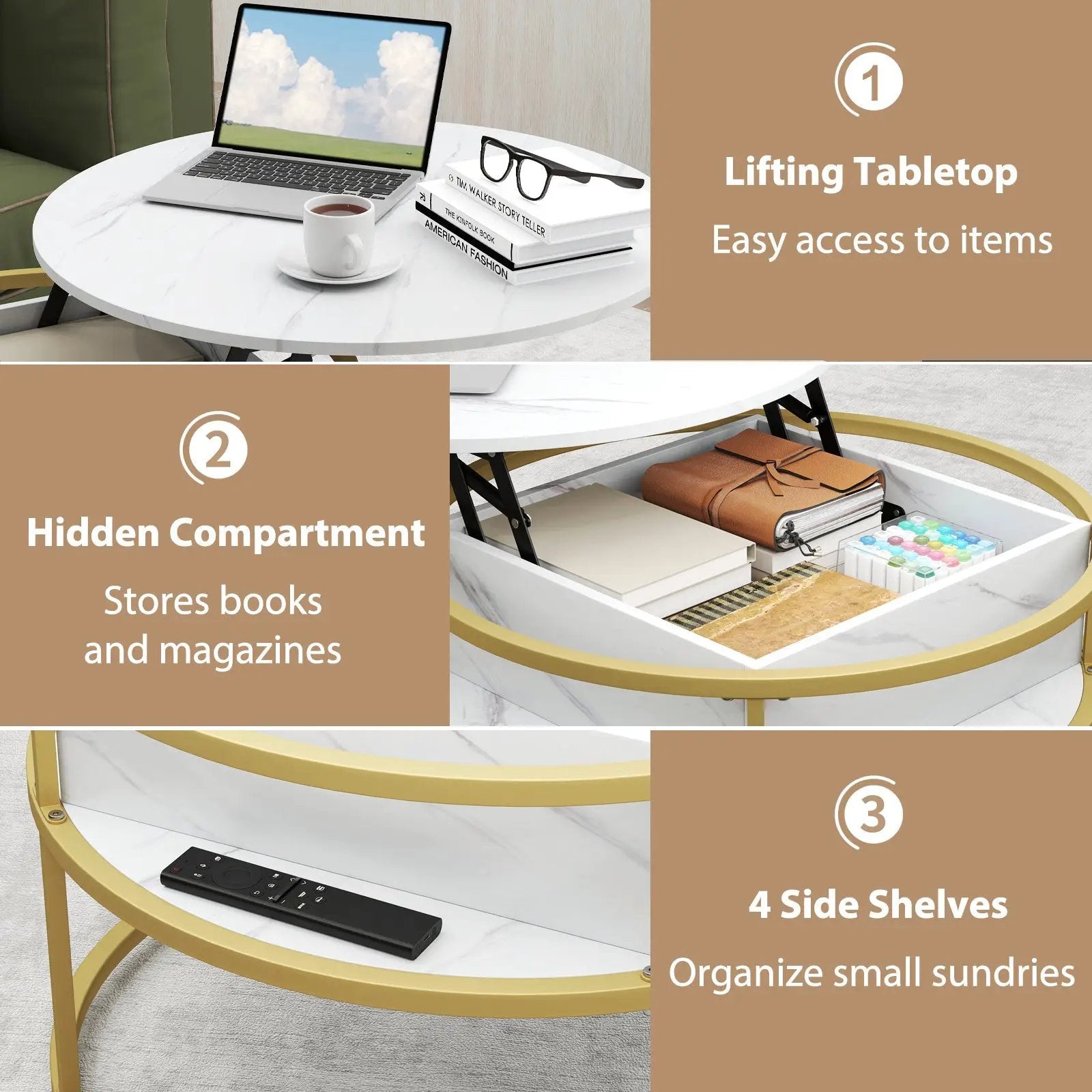 31.5 Inch Round Lift Top Coffee Table with Hidden Compartment and Side Shelves by DirectDeals