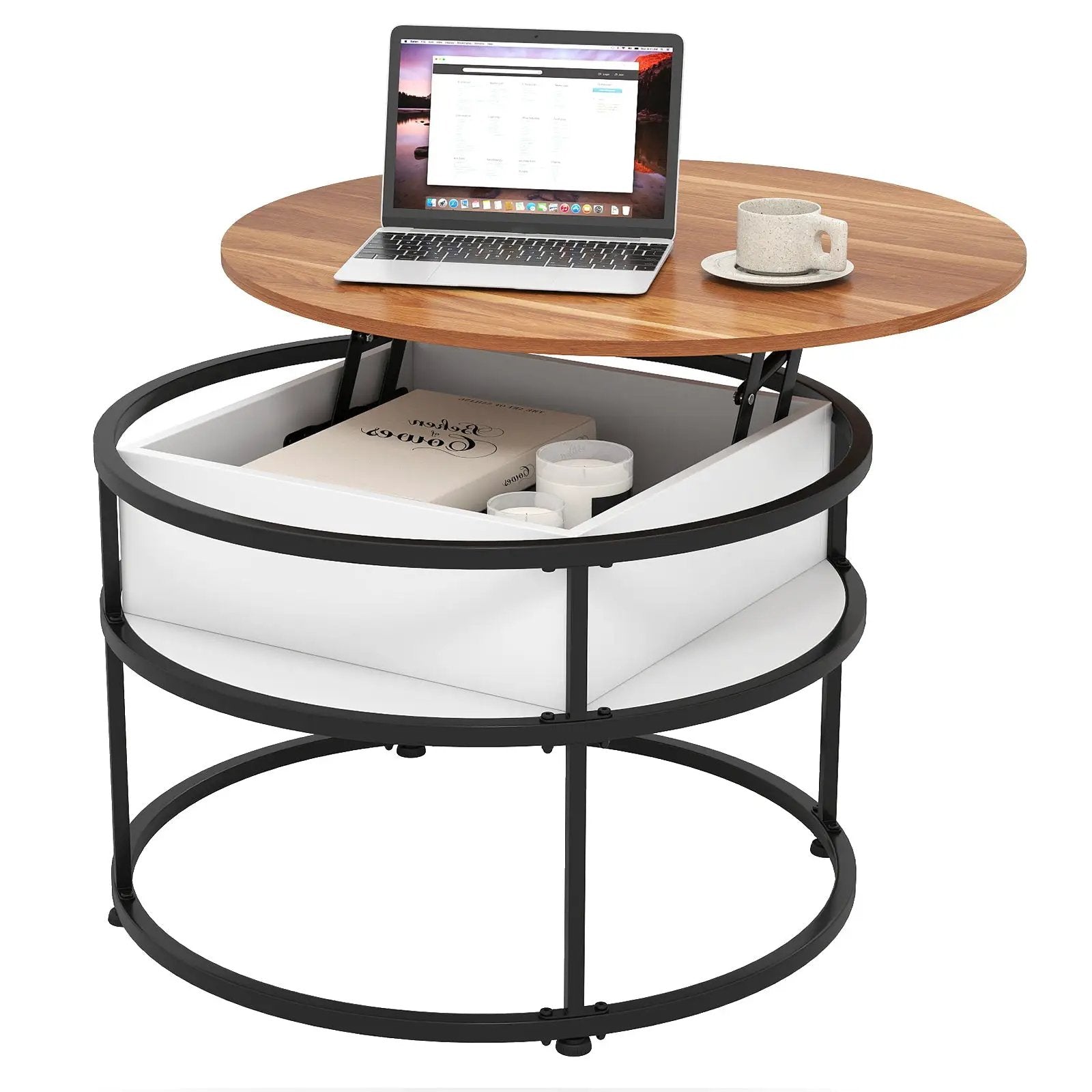 31.5 Inch Round Lift Top Coffee Table with Hidden Compartment and Side Shelves by DirectDeals