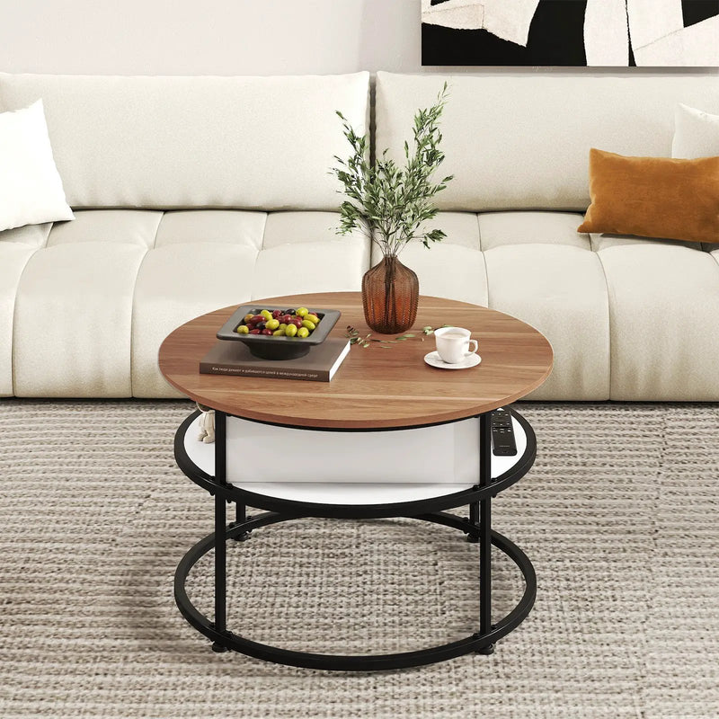 31.5 Inch Round Lift Top Coffee Table with Hidden Compartment and Side Shelves by DirectDeals